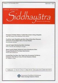 Image of Siddhayatra Vol. 21 (2) November 2016 : Pemujaan terhadap makam tradisi masyarakat lebong Bengkulu, Penelitian aspek megalitik pada batu meja di situs desa Waeyasel kabupaten seram bagian barat provinsi maluku, Sejarah songket berdasarkan data arkeologi, Ritual asyiek sebagai akulturasi antara kebudayaan islam dengan kebudayaan pra-islam suku kerinci, Geologi situs gua batu desa napal licin kecamatan ulu rawas kabupaten musi rawas utara provinsi sumatera selatan